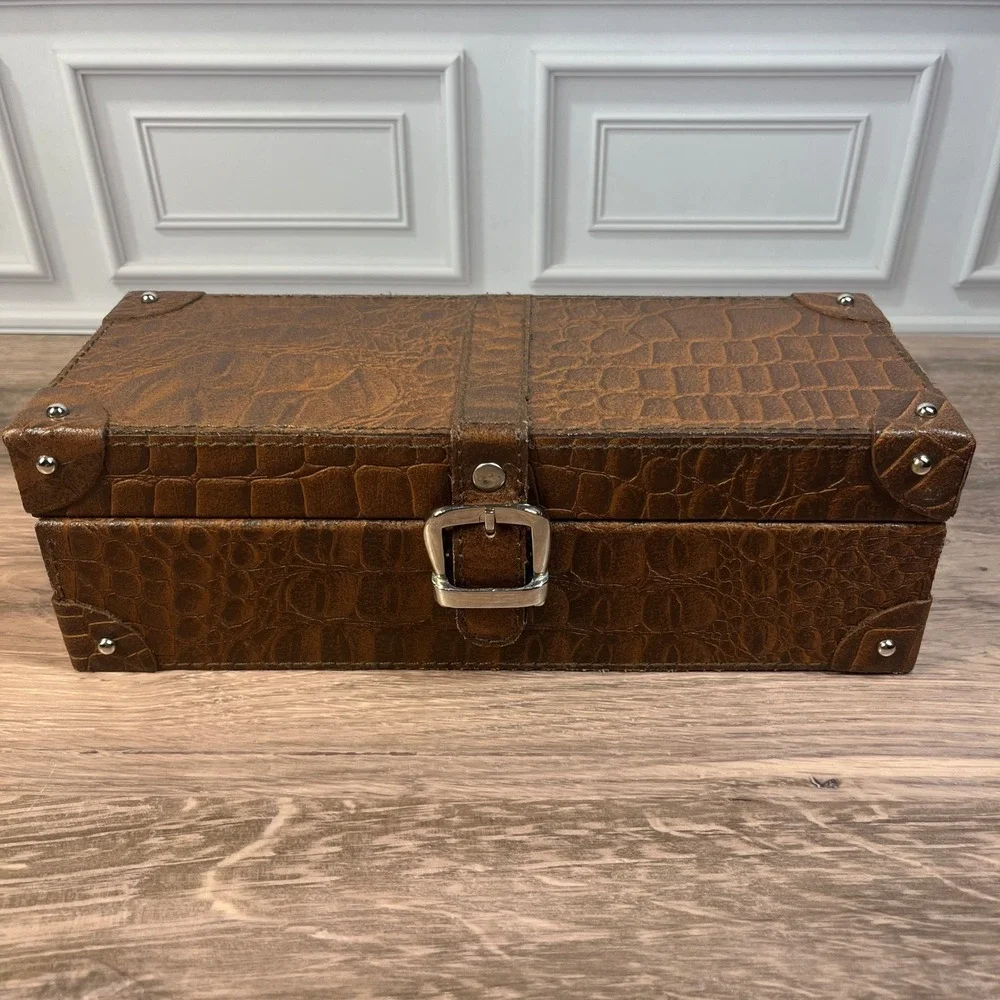 Watch Box Brown Faux Croc Embossed 4-Slot Travel Accessory Case Organizer